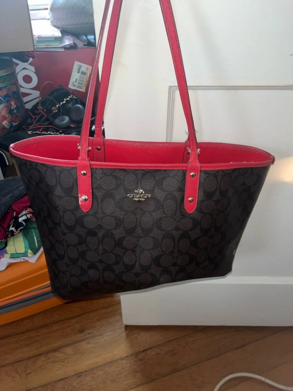 Coach Red Saffiano Leather Tote with Gold Logo Hardware & RED REVERSIBLE!!! - Picture 7 of 7